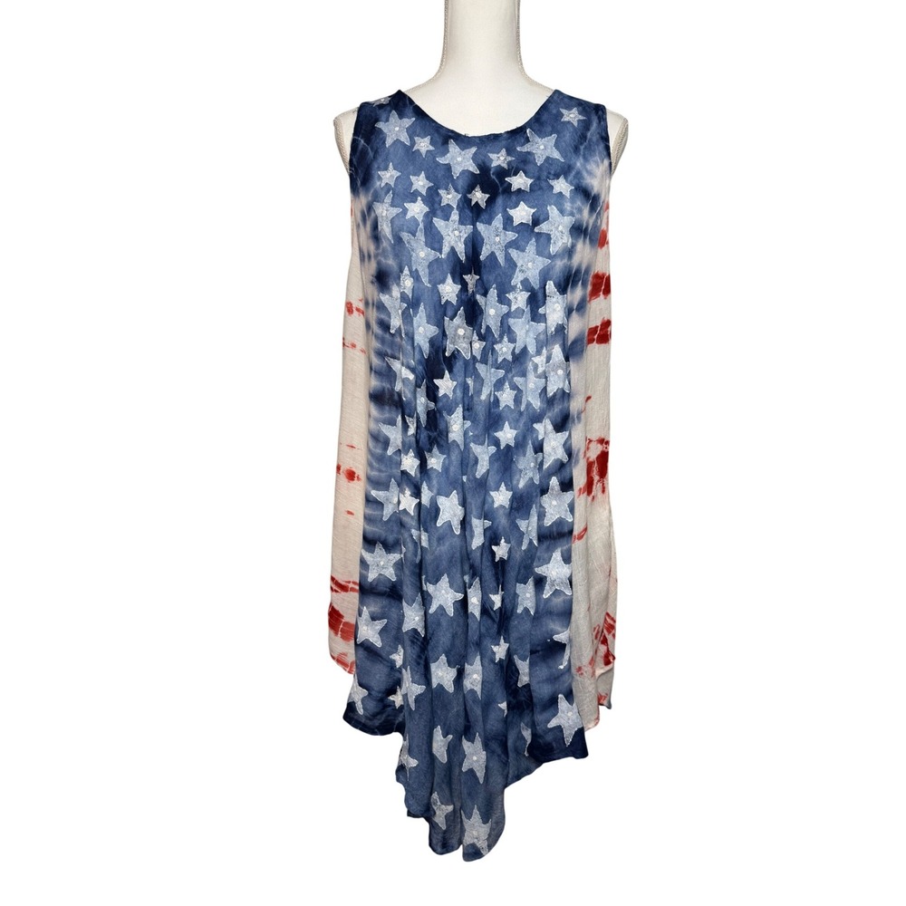 Exist Patriotic American Flag Tie Dye Sharkbite Tunic Dress OS Red White Blue